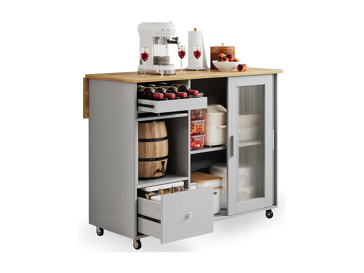 Desserte de cuisine à roulettes avec 2 tiroirs et 2 portes et 1 niche, plateau extensible en placage chêne clair, corps gris