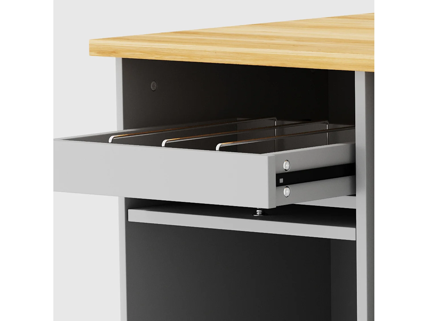 Desserte de cuisine à roulettes avec 2 tiroirs et 2 portes et 1 niche, plateau extensible en placage chêne clair, corps gris