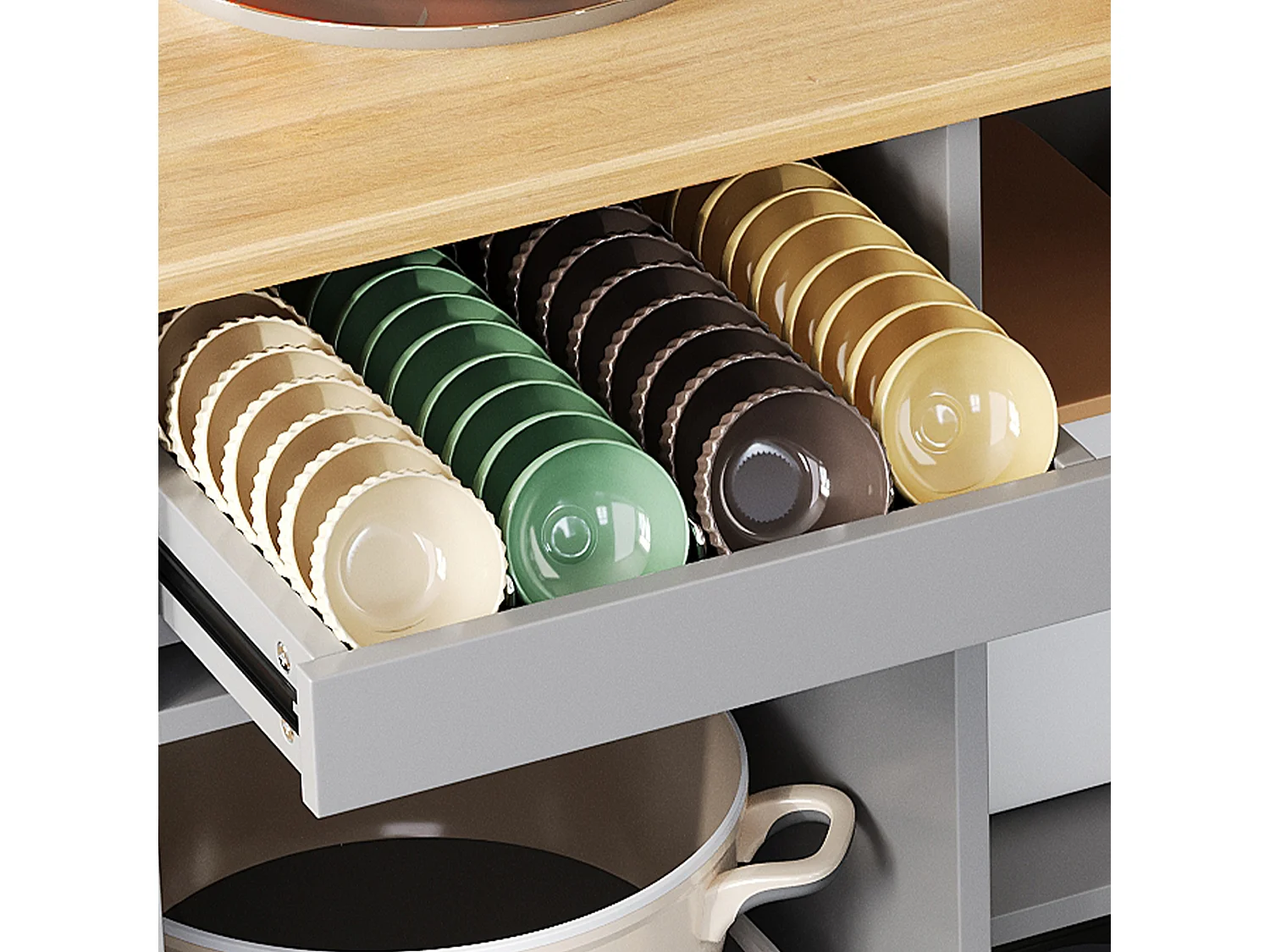 Desserte de cuisine à roulettes avec 2 tiroirs et 2 portes et 1 niche, plateau extensible en placage chêne clair, corps gris