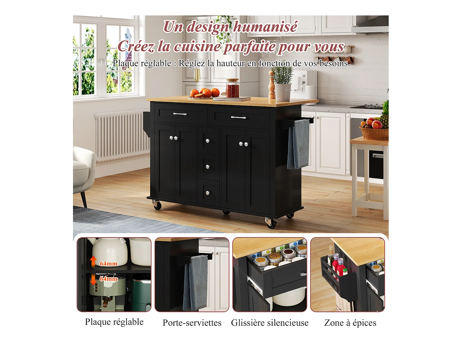 Carrinho de cozinha com rodas com 5 gavetas e 4 portas, tampo extensível em acabamento madeira, preto