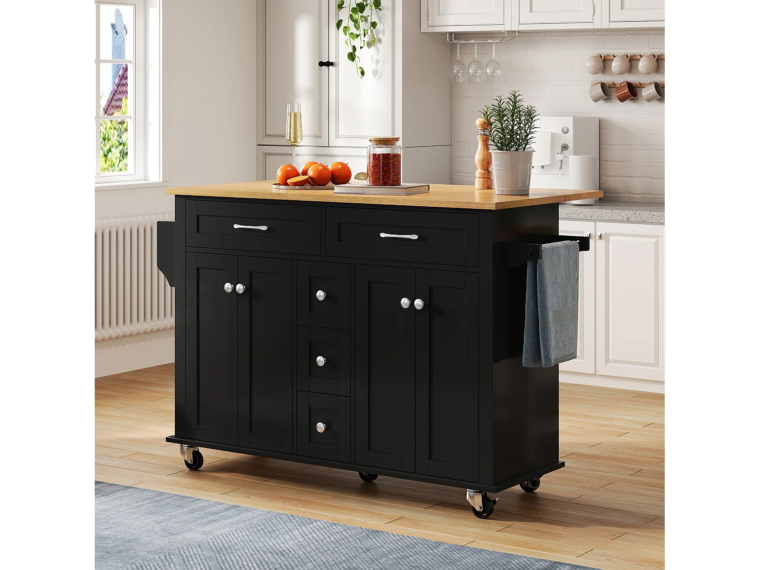 Desserte de cuisine à roulettes avec 5 tiroirs et 4 portes, plateau extensible en finition bois, noir