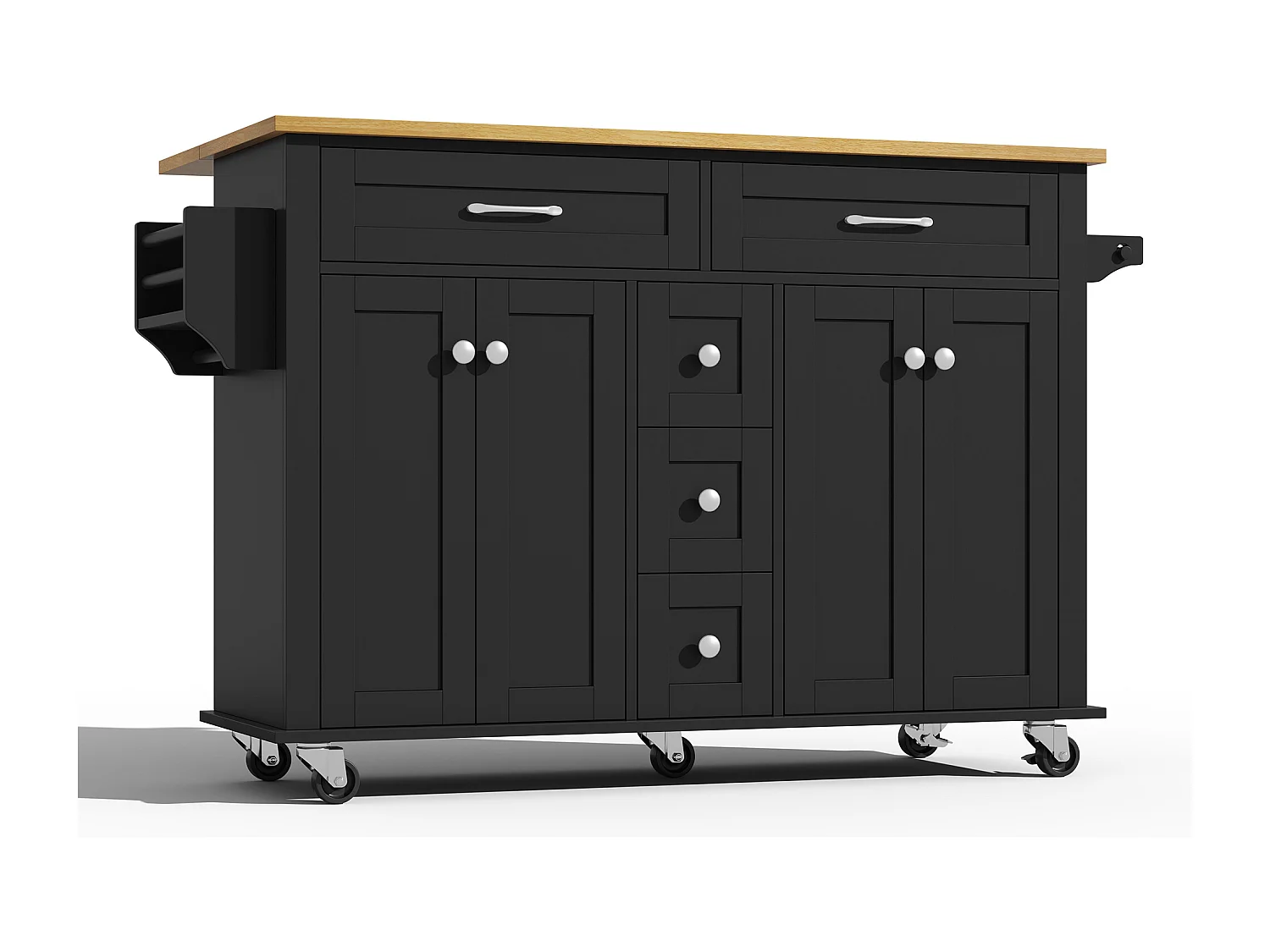 Desserte de cuisine à roulettes avec 5 tiroirs et 4 portes, plateau extensible en finition bois, noir