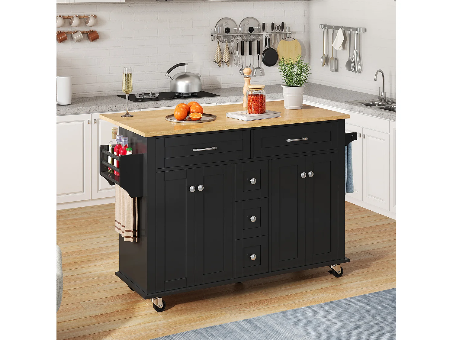 Desserte de cuisine à roulettes avec 5 tiroirs et 4 portes, plateau extensible en finition bois, noir