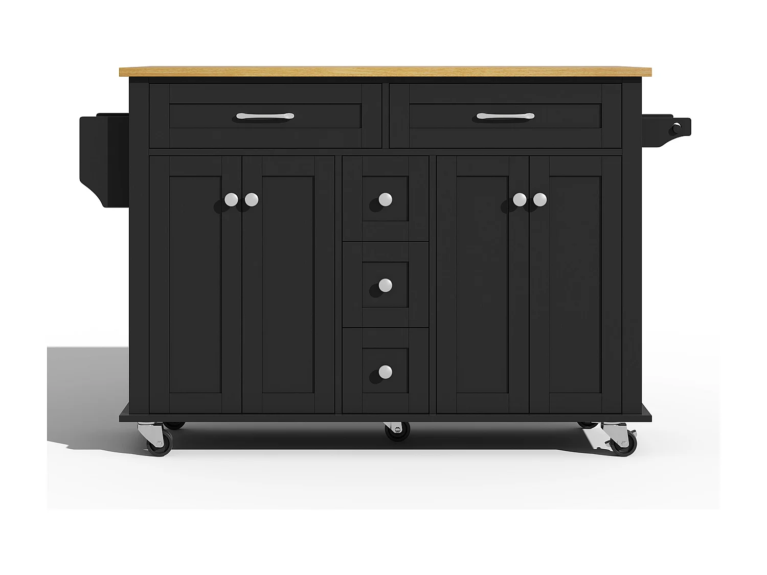 Desserte de cuisine à roulettes avec 5 tiroirs et 4 portes, plateau extensible en finition bois, noir