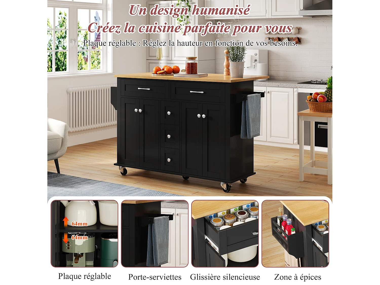 Desserte de cuisine à roulettes avec 5 tiroirs et 4 portes, plateau extensible en finition bois, noir