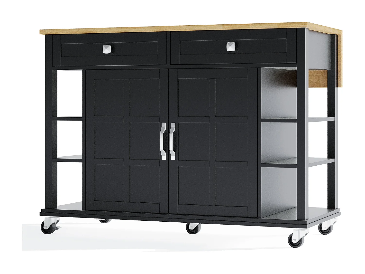 Desserte de cuisine à roulettes avec 2 tiroirs et portes, plateau extensible en finition bois, noir