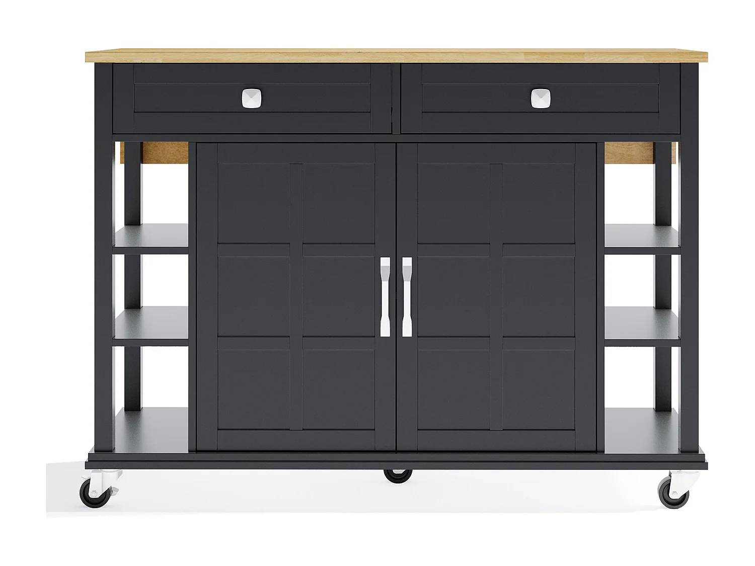 Desserte de cuisine à roulettes avec 2 tiroirs et portes, plateau extensible en finition bois, noir
