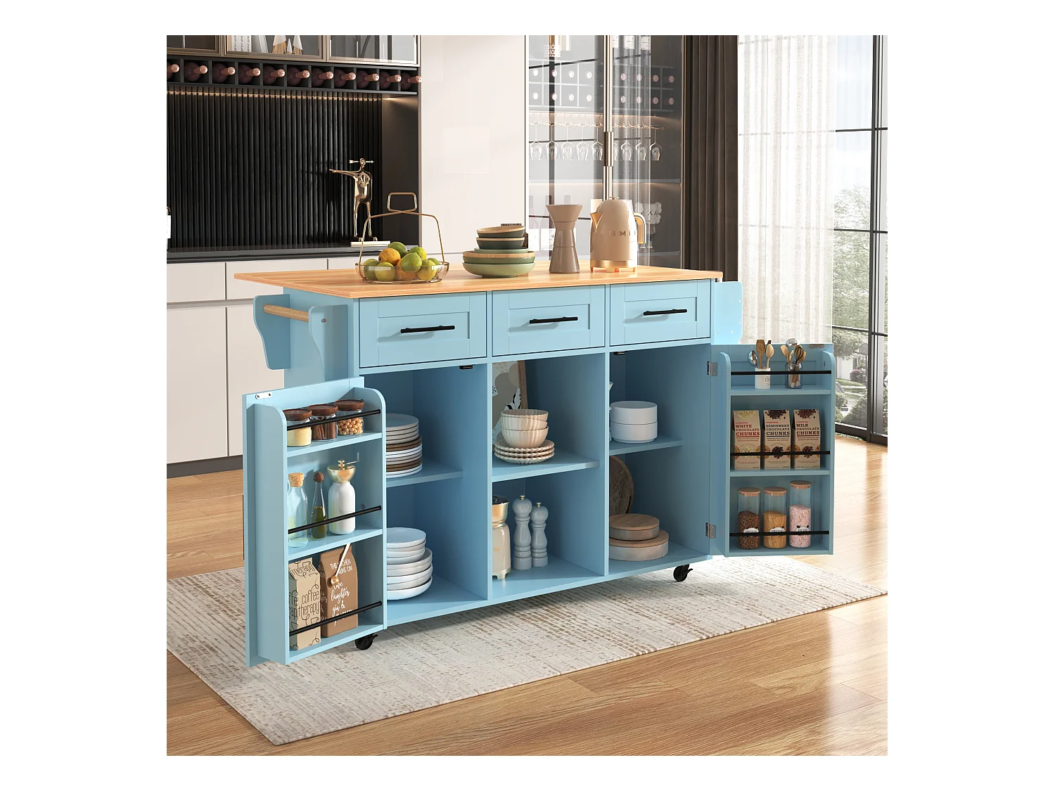 Keukentrolley op wielen met 3 lades, 2 deuren en 2 nissen, uitschuifbaar blad in natuurlijk houtfineer, blauwe behuizing