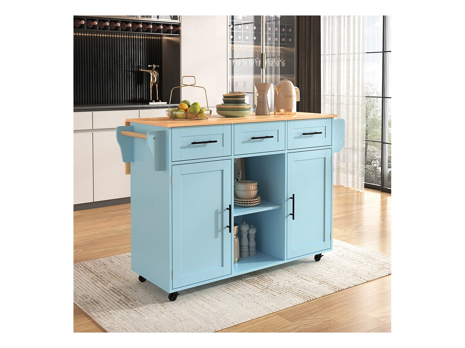 Keukentrolley op wielen met 3 lades, 2 deuren en 2 nissen, uitschuifbaar blad in natuurlijk houtfineer, blauwe behuizing