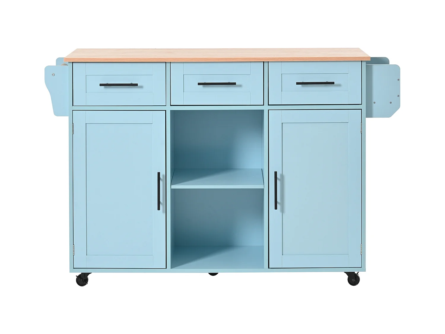 Keukentrolley op wielen met 3 lades, 2 deuren en 2 nissen, uitschuifbaar blad in natuurlijk houtfineer, blauwe behuizing