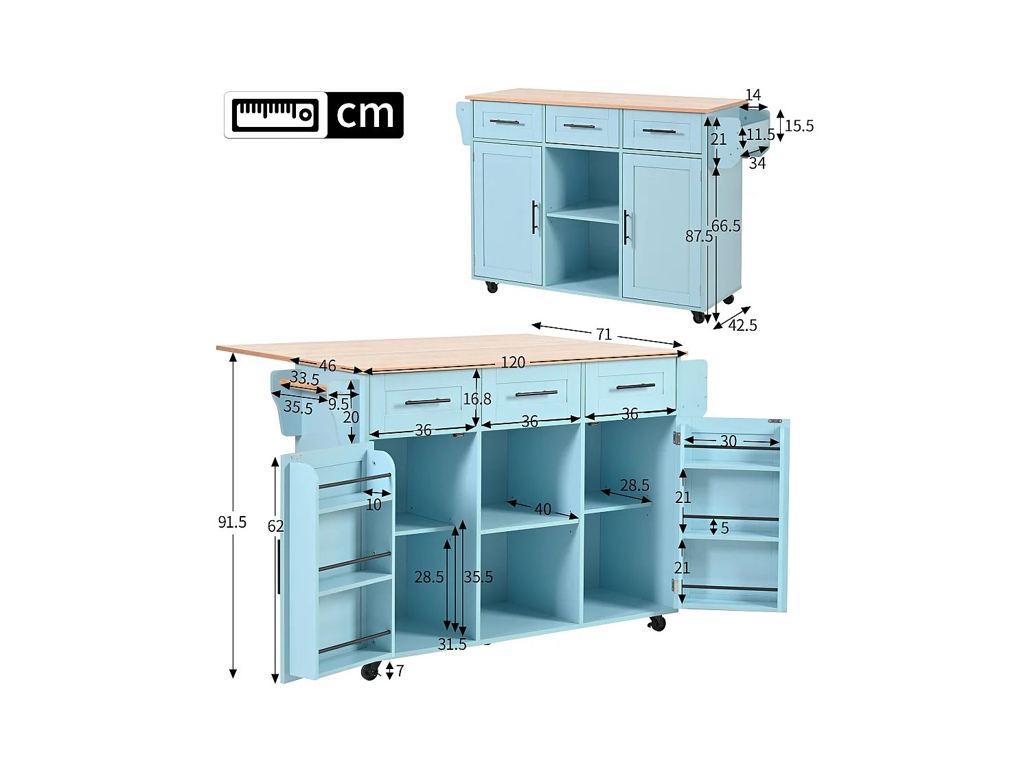 Keukentrolley op wielen met 3 lades, 2 deuren en 2 nissen, uitschuifbaar blad in natuurlijk houtfineer, blauwe behuizing