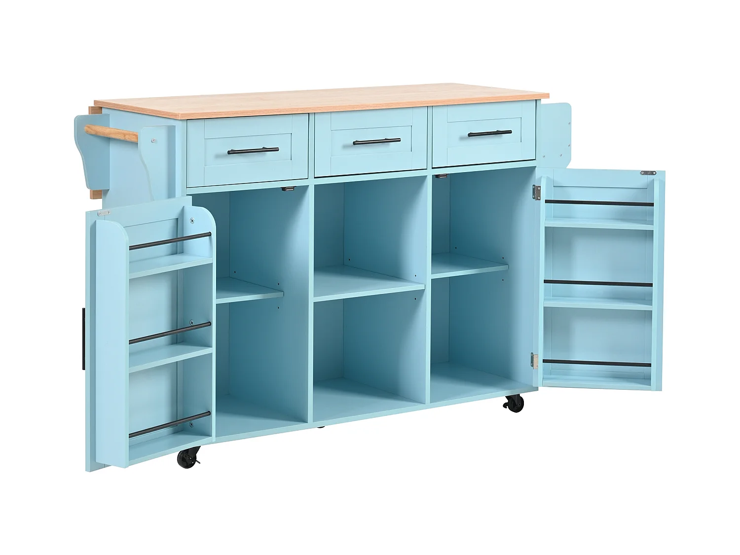Keukentrolley op wielen met 3 lades, 2 deuren en 2 nissen, uitschuifbaar blad in natuurlijk houtfineer, blauwe behuizing
