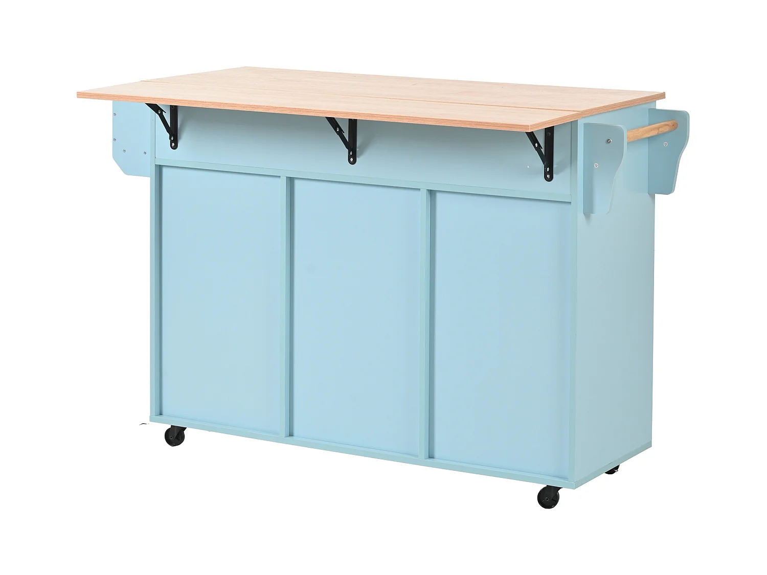 Keukentrolley op wielen met 3 lades, 2 deuren en 2 nissen, uitschuifbaar blad in natuurlijk houtfineer, blauwe behuizing