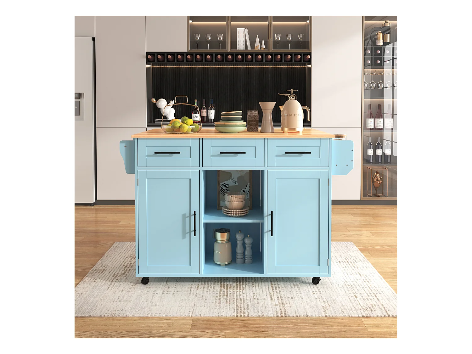 Keukentrolley op wielen met 3 lades, 2 deuren en 2 nissen, uitschuifbaar blad in natuurlijk houtfineer, blauwe behuizing