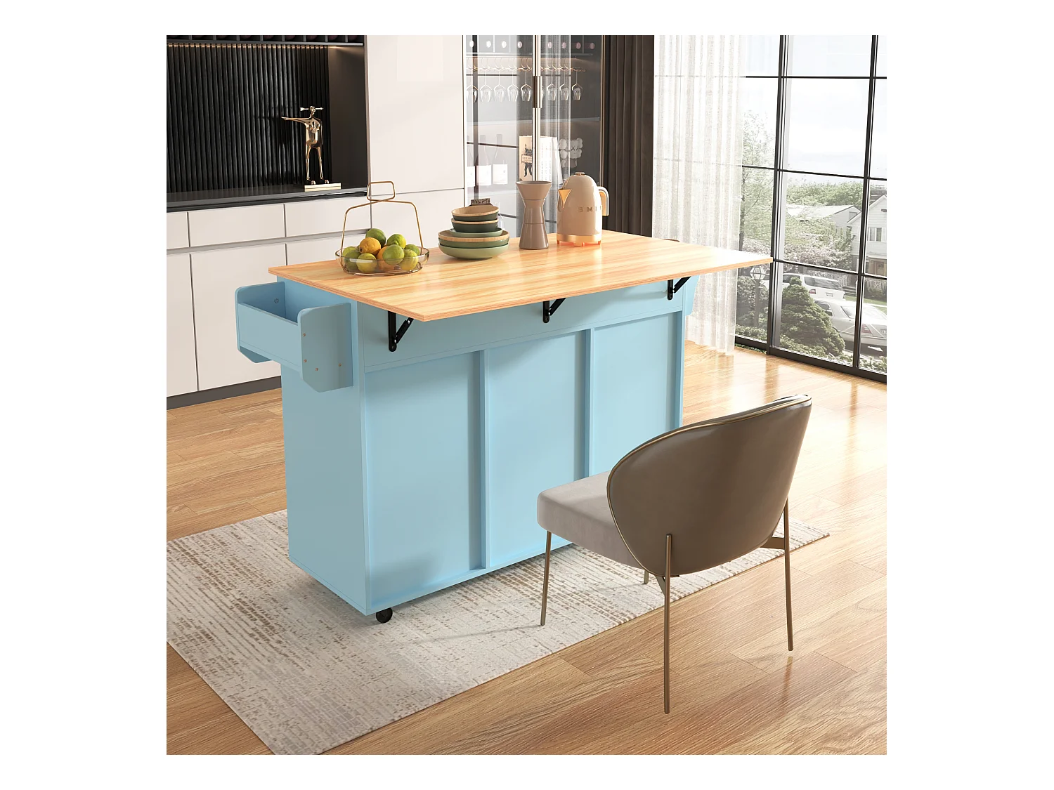 Keukentrolley op wielen met 3 lades, 2 deuren en 2 nissen, uitschuifbaar blad in natuurlijk houtfineer, blauwe behuizing