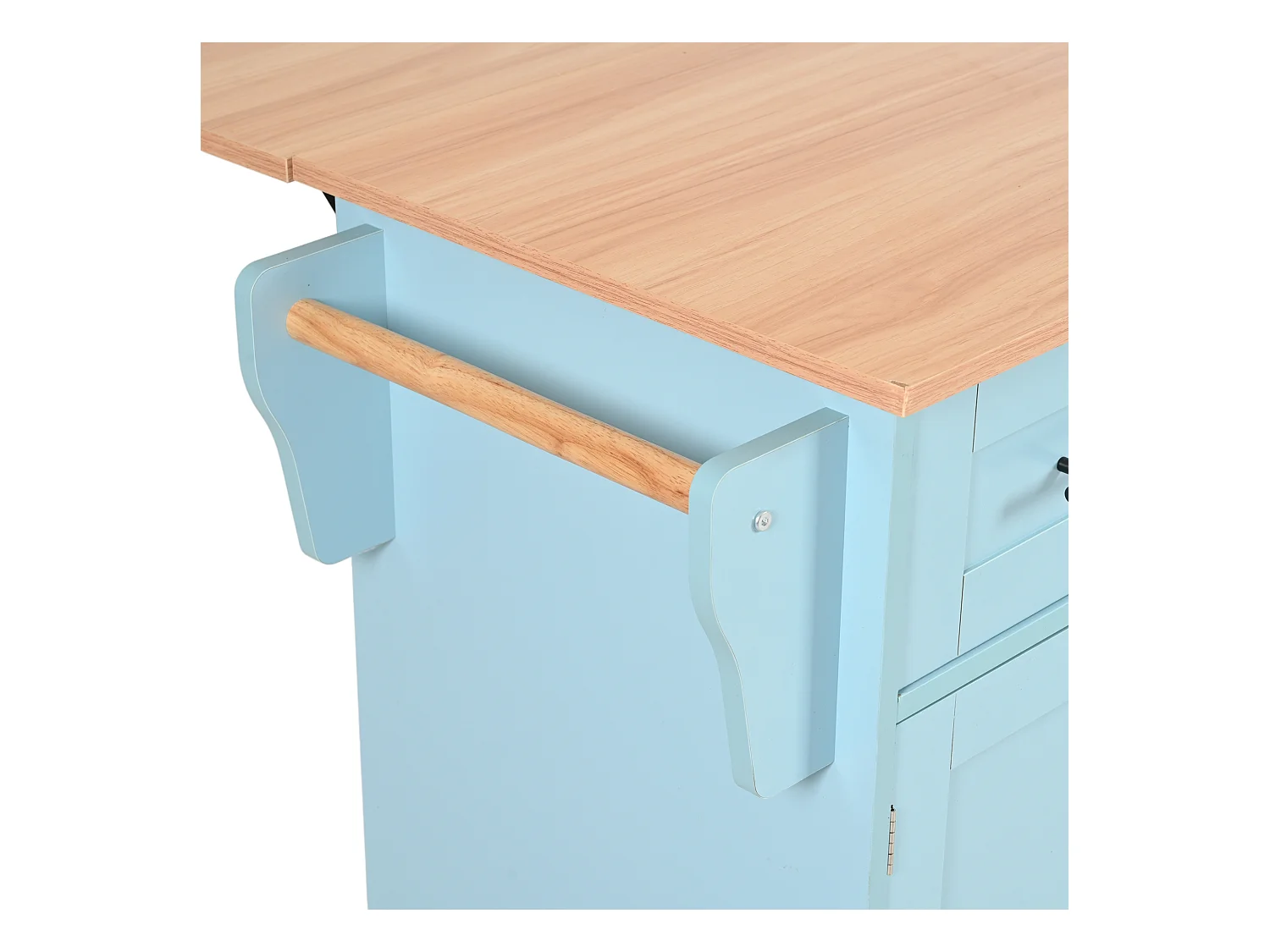 Keukentrolley op wielen met 3 lades, 2 deuren en 2 nissen, uitschuifbaar blad in natuurlijk houtfineer, blauwe behuizing