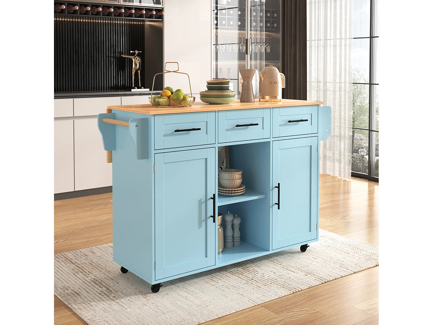 Desserte de cuisine à roulettes avec 3 tiroirs, 2 portes et 2 niches, plateau extensible en placage bois naturel, corps bleu