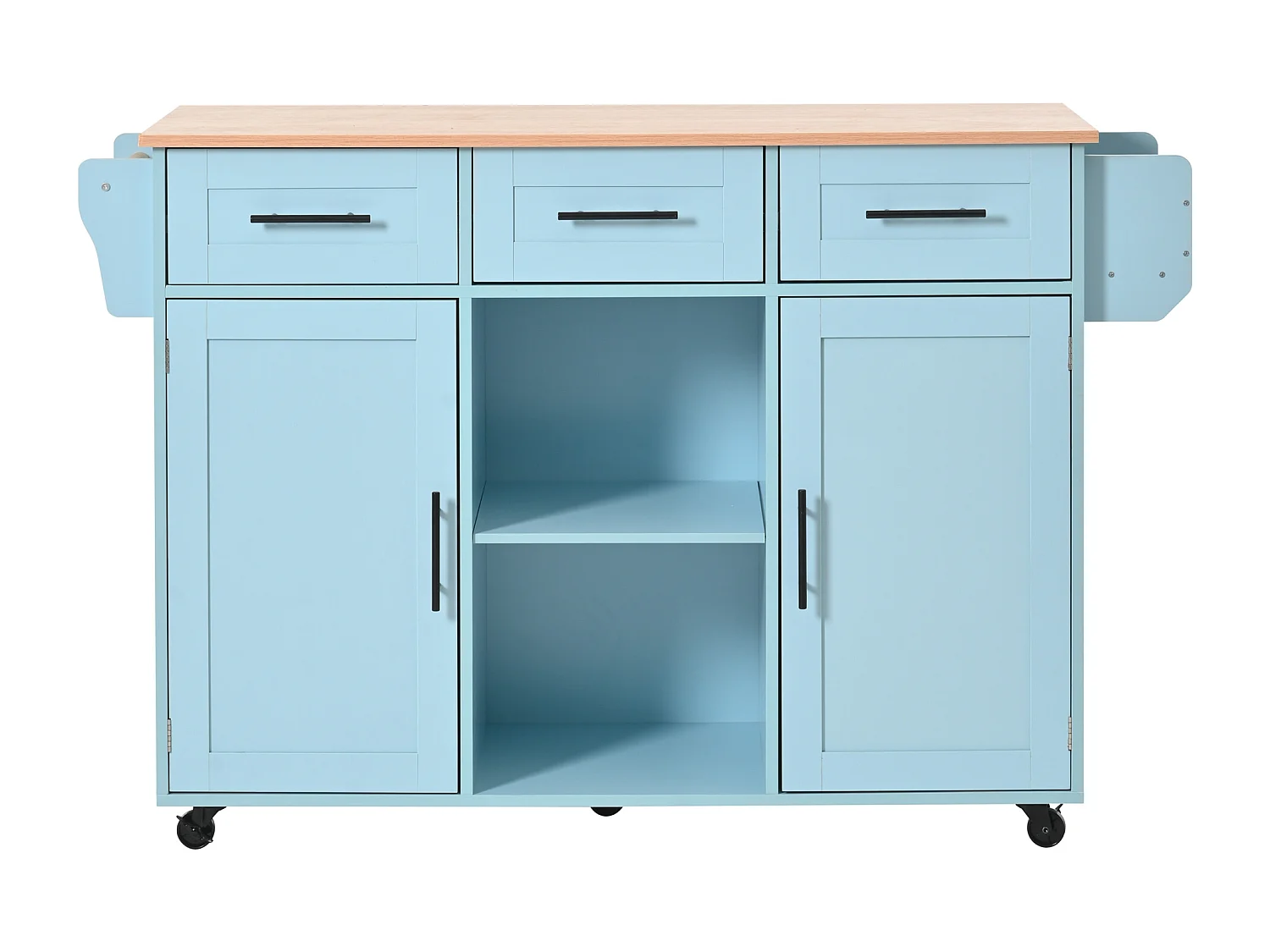 Desserte de cuisine à roulettes avec 3 tiroirs, 2 portes et 2 niches, plateau extensible en placage bois naturel, corps bleu
