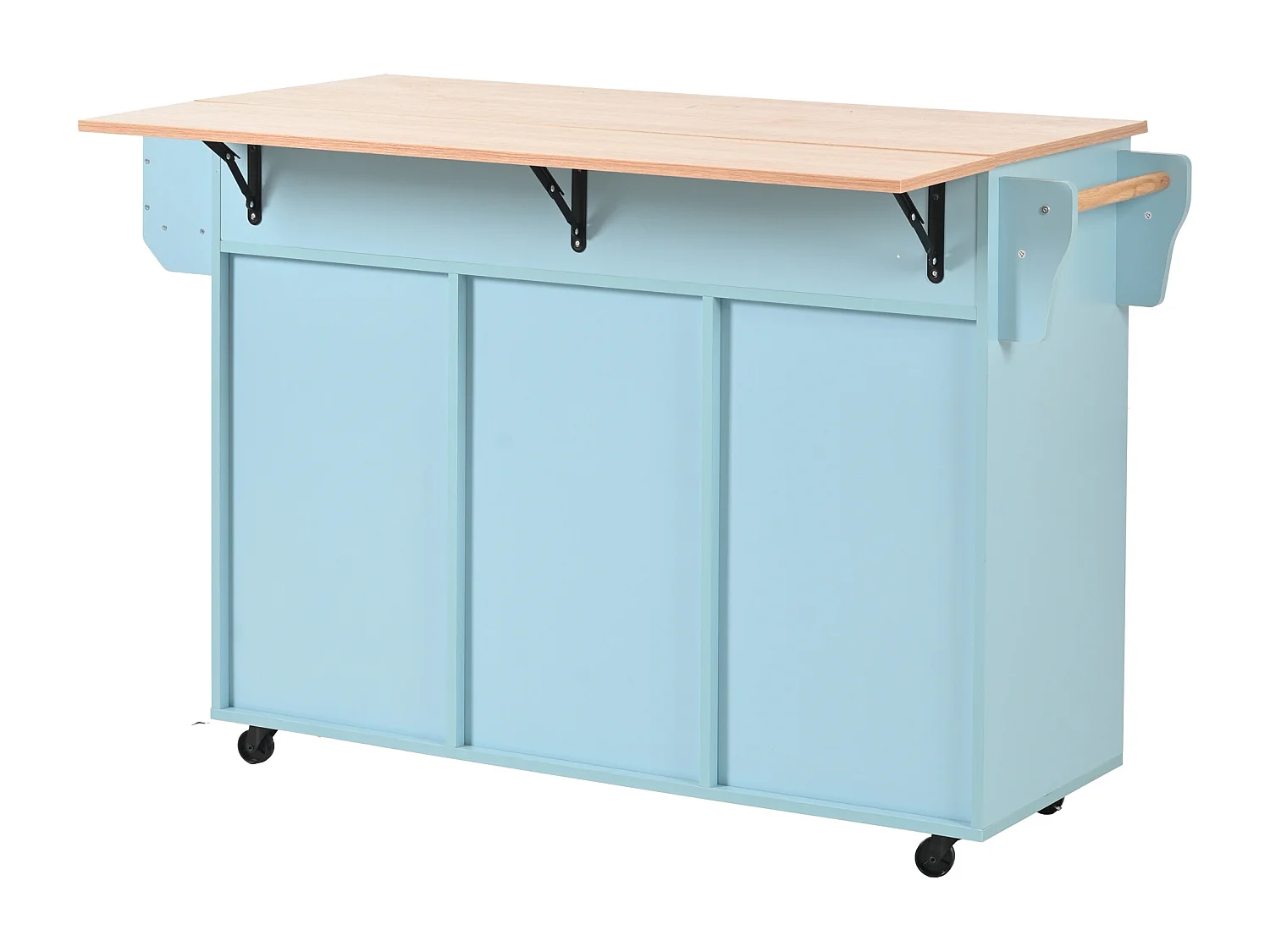 Desserte de cuisine à roulettes avec 3 tiroirs, 2 portes et 2 niches, plateau extensible en placage bois naturel, corps bleu