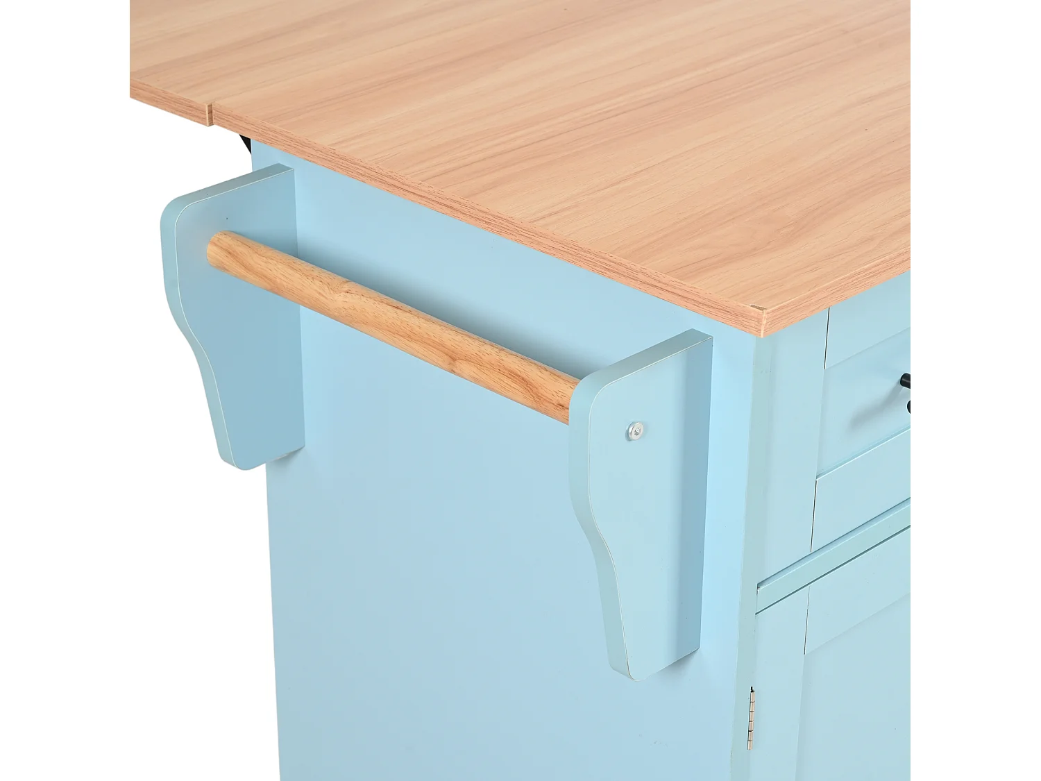 Desserte de cuisine à roulettes avec 3 tiroirs, 2 portes et 2 niches, plateau extensible en placage bois naturel, corps bleu