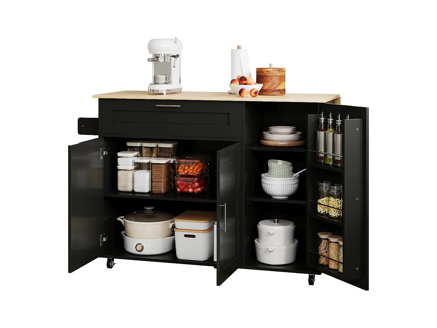 Keukentrolley op wielen met 1 lade en 3 deuren, uitschuifbaar blad in licht eiken fineer, zwarte behuizing