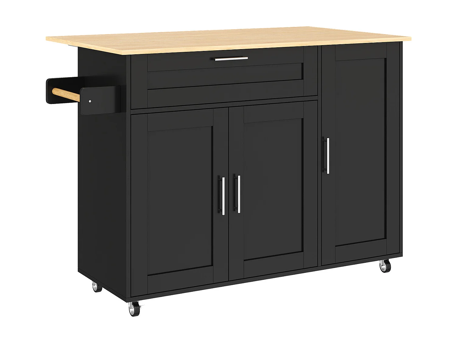 Desserte de cuisine à roulettes avec 1 tiroir et 3 portes, plateau extensible en placage chêne clair, corps Noir