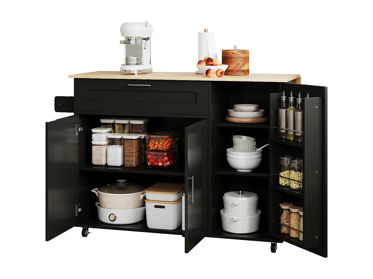 Desserte de cuisine à roulettes avec 1 tiroir et 3 portes, plateau extensible en placage chêne clair, corps Noir