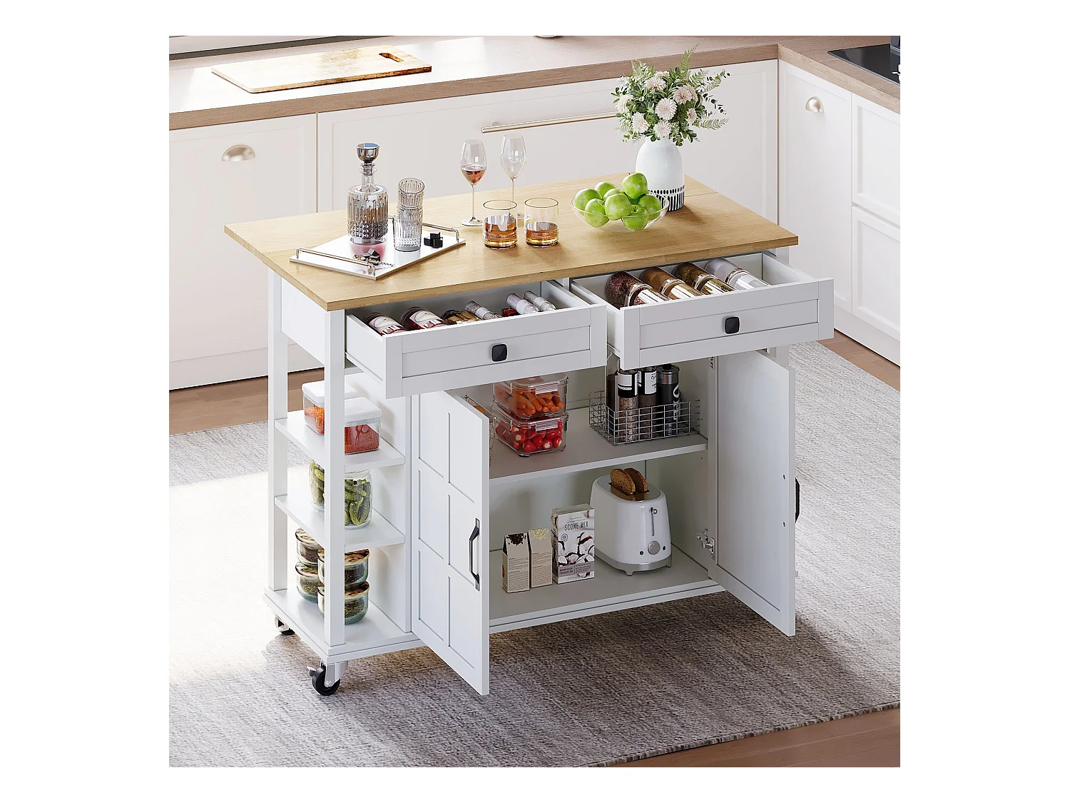 Desserte de cuisine à roulettes avec 2 tiroirs et portes, plateau extensible en finition bois, blanc