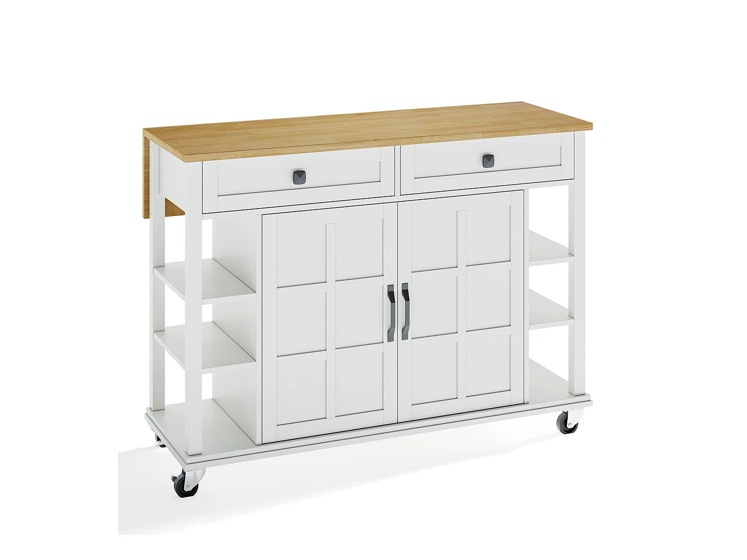 Desserte de cuisine à roulettes avec 2 tiroirs et portes, plateau extensible en finition bois, blanc