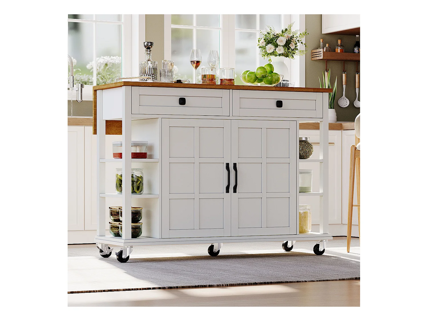 Desserte de cuisine à roulettes avec 2 tiroirs et portes, plateau extensible en finition bois, blanc