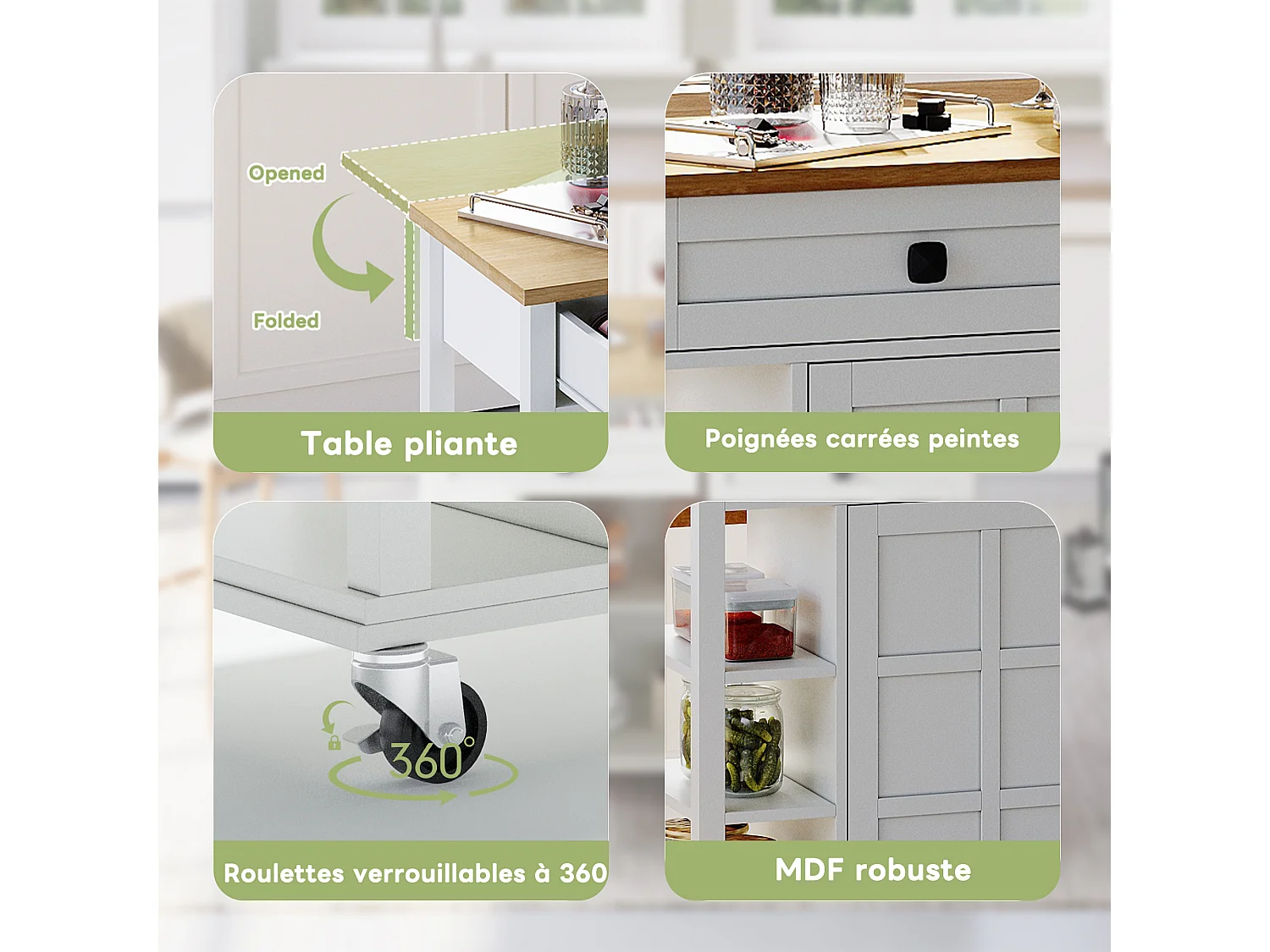 Carrinho de cozinha com rodas, 2 gavetas e portas, tampo extensível em acabamento madeira, branco