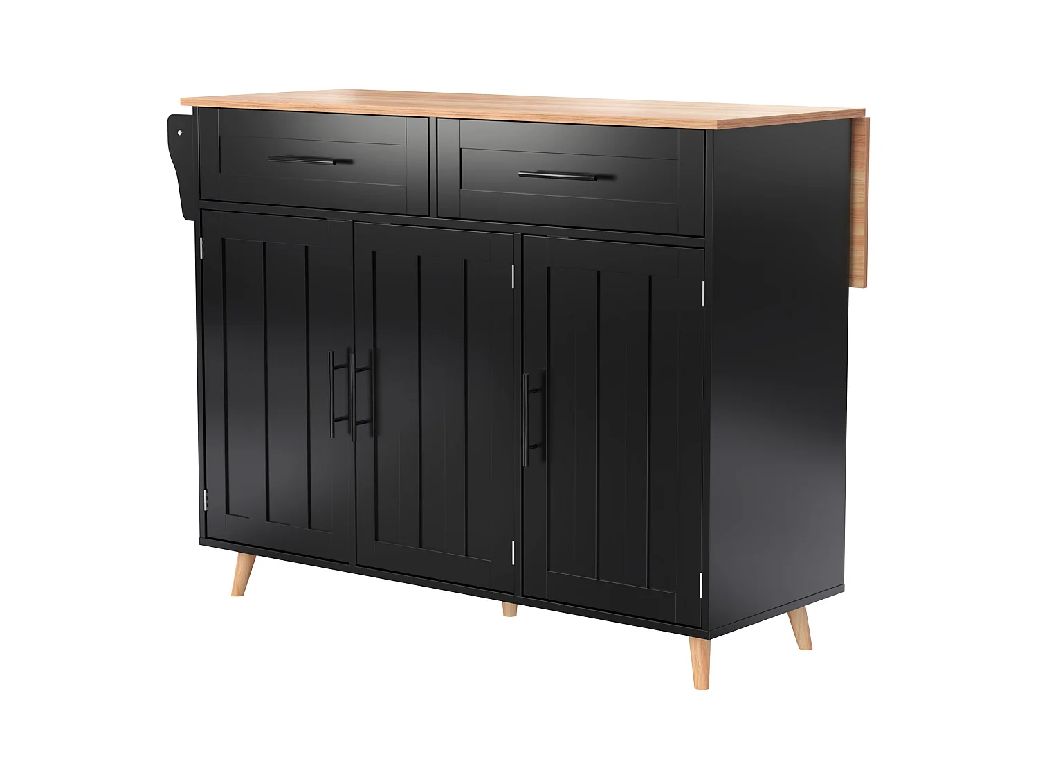 Desserte de cuisine à roulettes avec 2 tiroirs et 3 portes, plateau extensible en finition bois, noir