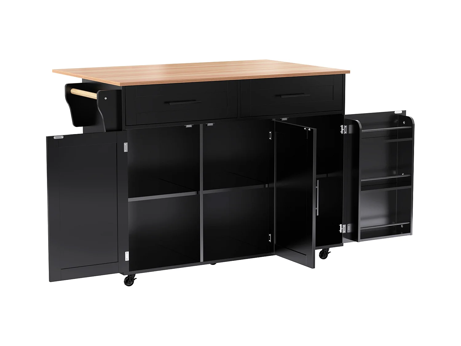 Desserte de cuisine à roulettes avec 2 tiroirs et 3 portes, plateau extensible en finition bois, noir