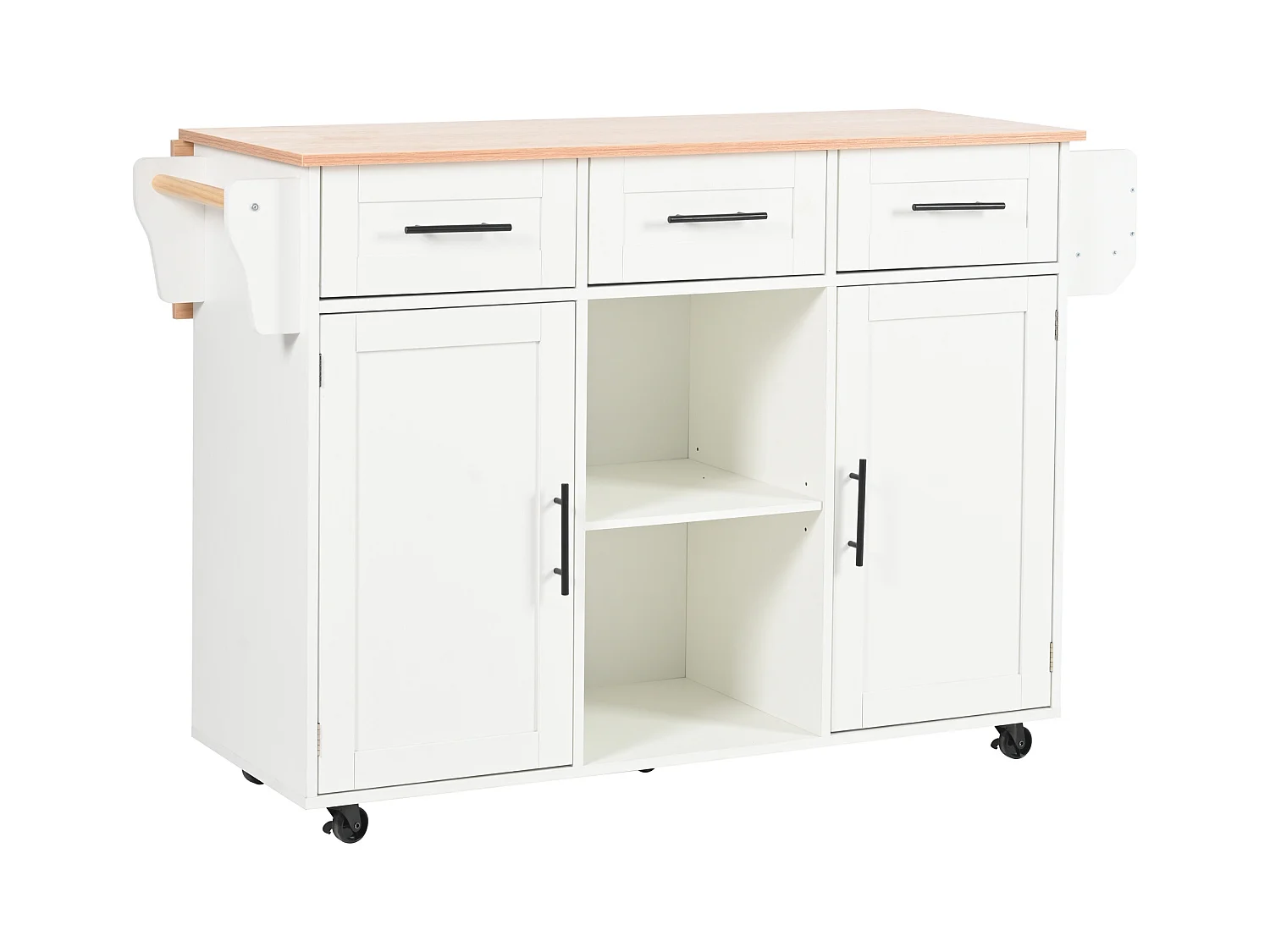 Carrito de cocina con ruedas con 3 cajones, 2 puertas y 2 nichos, tapa extensible en chapa de madera natural, cuerpo blanco
