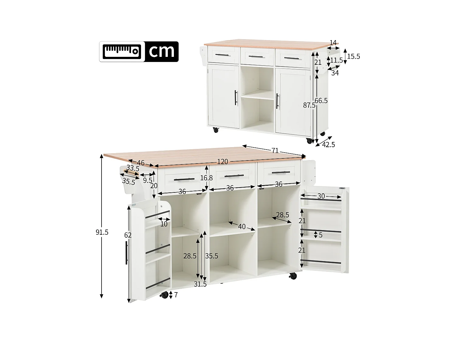 Carrito de cocina con ruedas con 3 cajones, 2 puertas y 2 nichos, tapa extensible en chapa de madera natural, cuerpo blanco