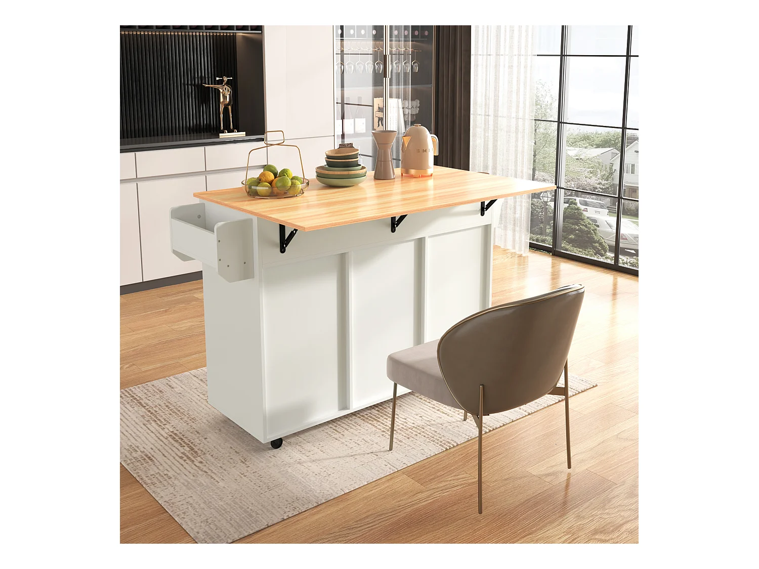 Carrito de cocina con ruedas con 3 cajones, 2 puertas y 2 nichos, tapa extensible en chapa de madera natural, cuerpo blanco