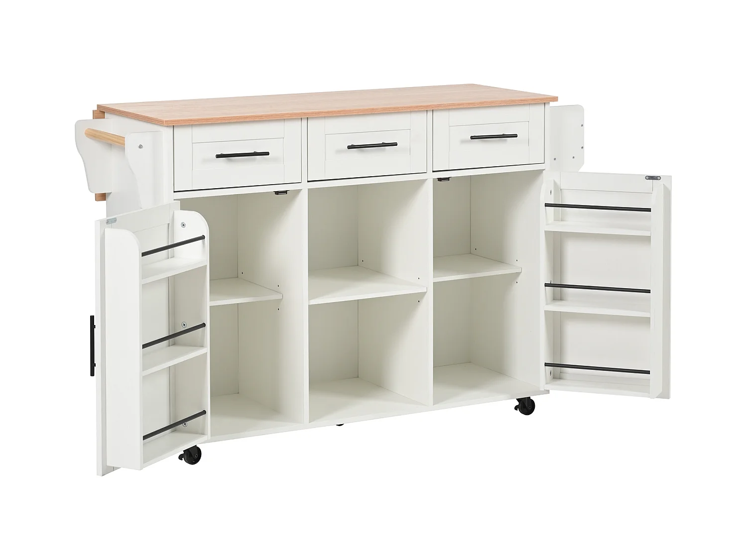 Carrito de cocina con ruedas con 3 cajones, 2 puertas y 2 nichos, tapa extensible en chapa de madera natural, cuerpo blanco