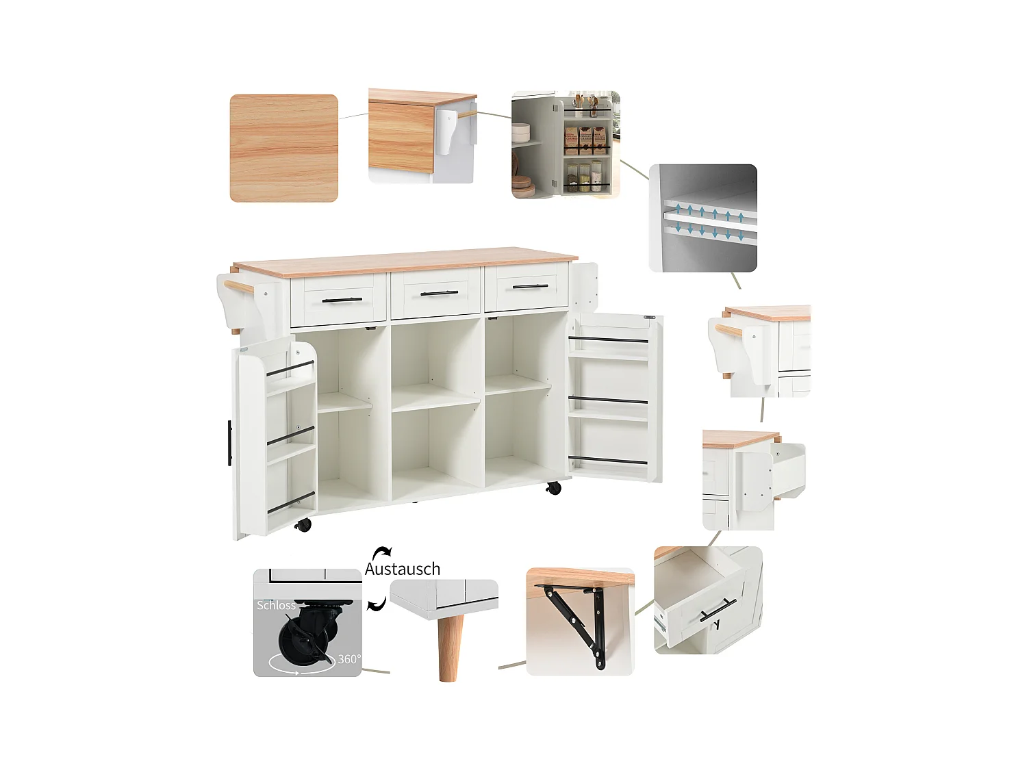 Carrito de cocina con ruedas con 3 cajones, 2 puertas y 2 nichos, tapa extensible en chapa de madera natural, cuerpo blanco