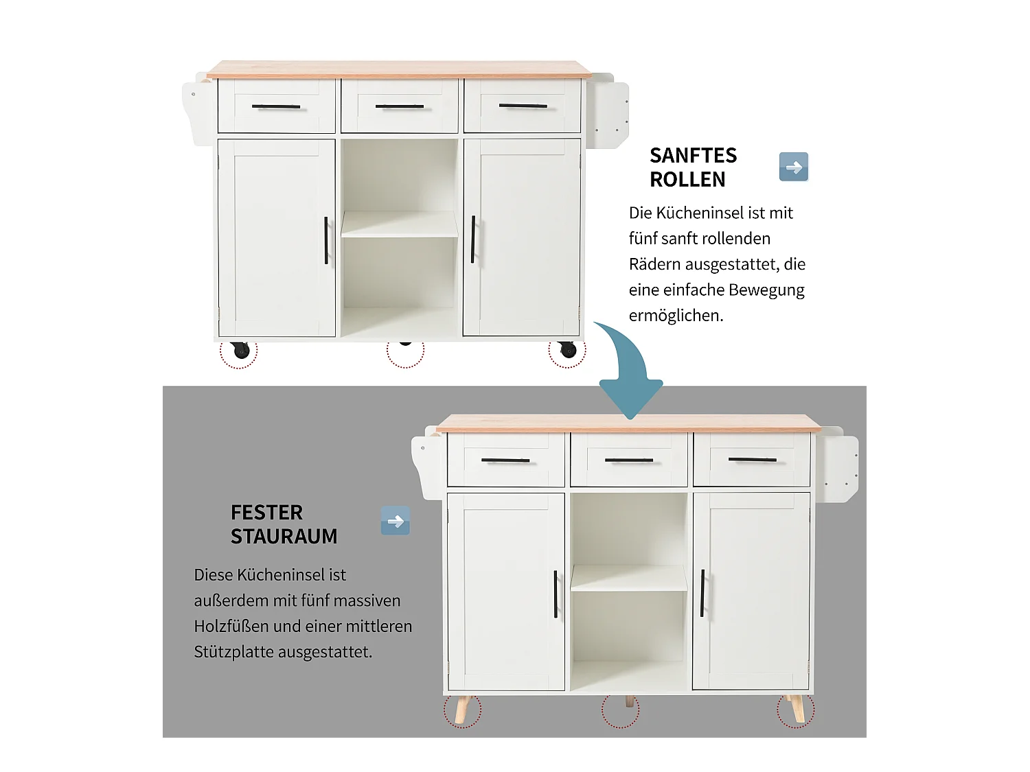 Carrito de cocina con ruedas con 3 cajones, 2 puertas y 2 nichos, tapa extensible en chapa de madera natural, cuerpo blanco