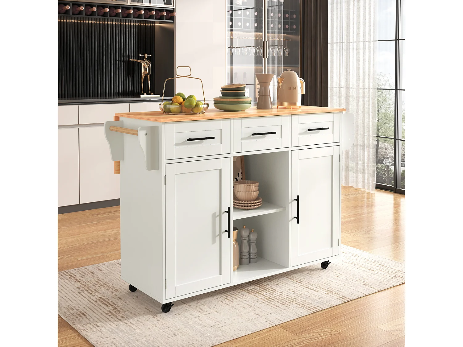 Carrinho de cozinha com rodas com 3 gavetas, 2 portas e 2 nichos, tampo extensível em folheado de madeira natural, corpo branco