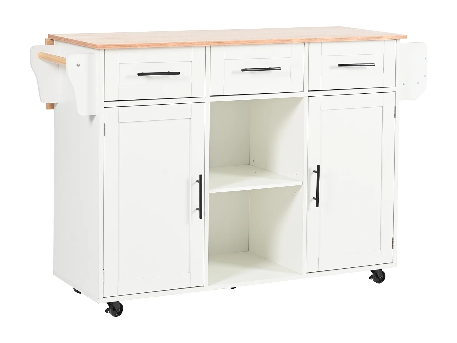 Carrinho de cozinha com rodas com 3 gavetas, 2 portas e 2 nichos, tampo extensível em folheado de madeira natural, corpo branco