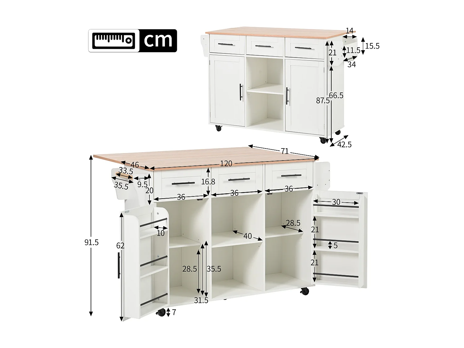 Carrinho de cozinha com rodas com 3 gavetas, 2 portas e 2 nichos, tampo extensível em folheado de madeira natural, corpo branco