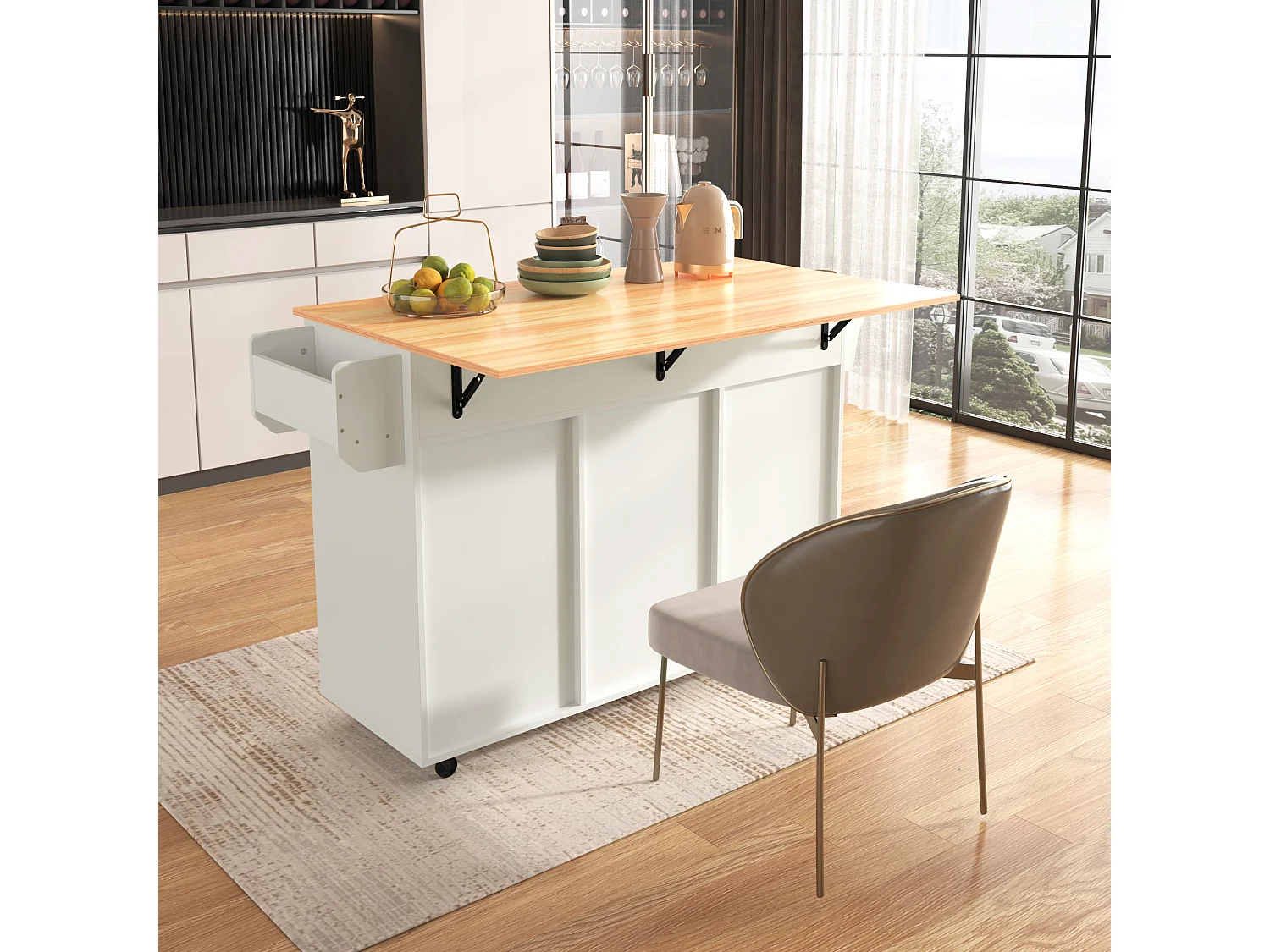 Carrinho de cozinha com rodas com 3 gavetas, 2 portas e 2 nichos, tampo extensível em folheado de madeira natural, corpo branco