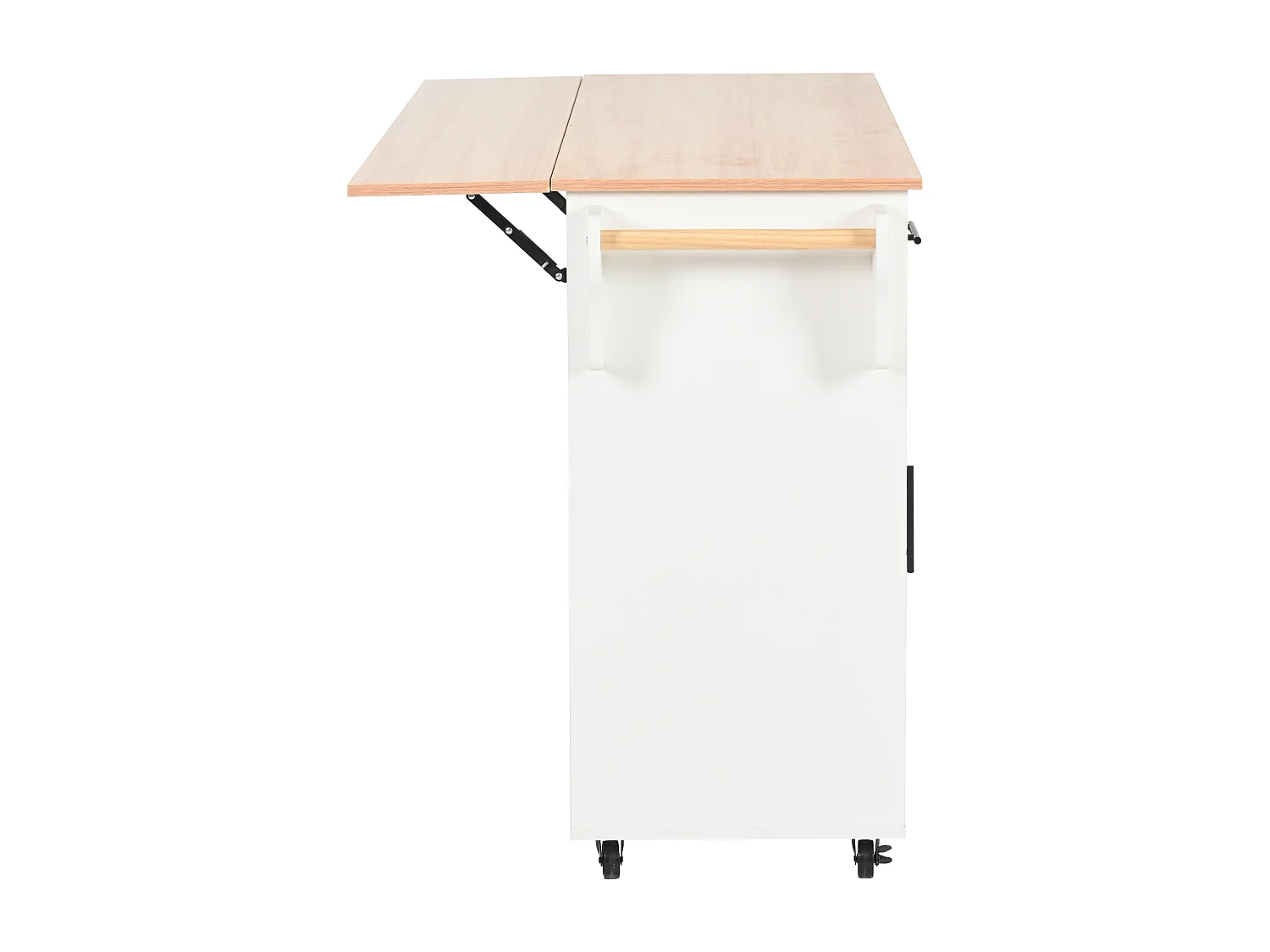 Carrinho de cozinha com rodas com 3 gavetas, 2 portas e 2 nichos, tampo extensível em folheado de madeira natural, corpo branco