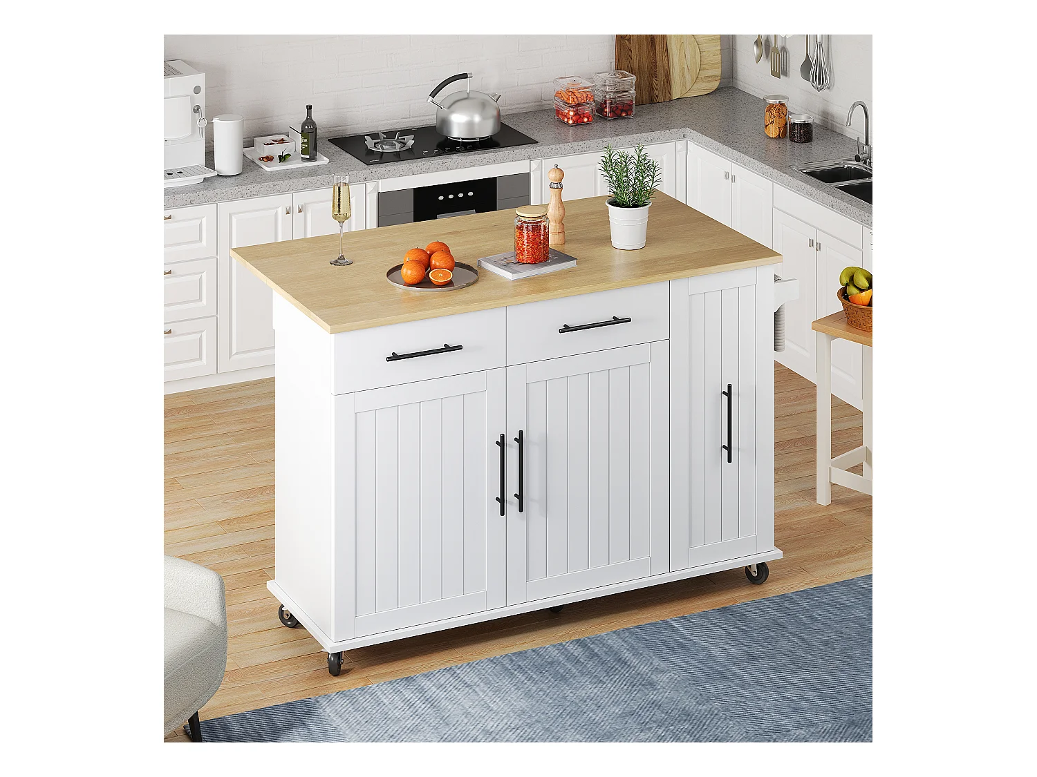 Desserte de cuisine à roulettes avec 2 tiroirs, 2 portes et étagères internes, plateau extensible en finition bois, blanc