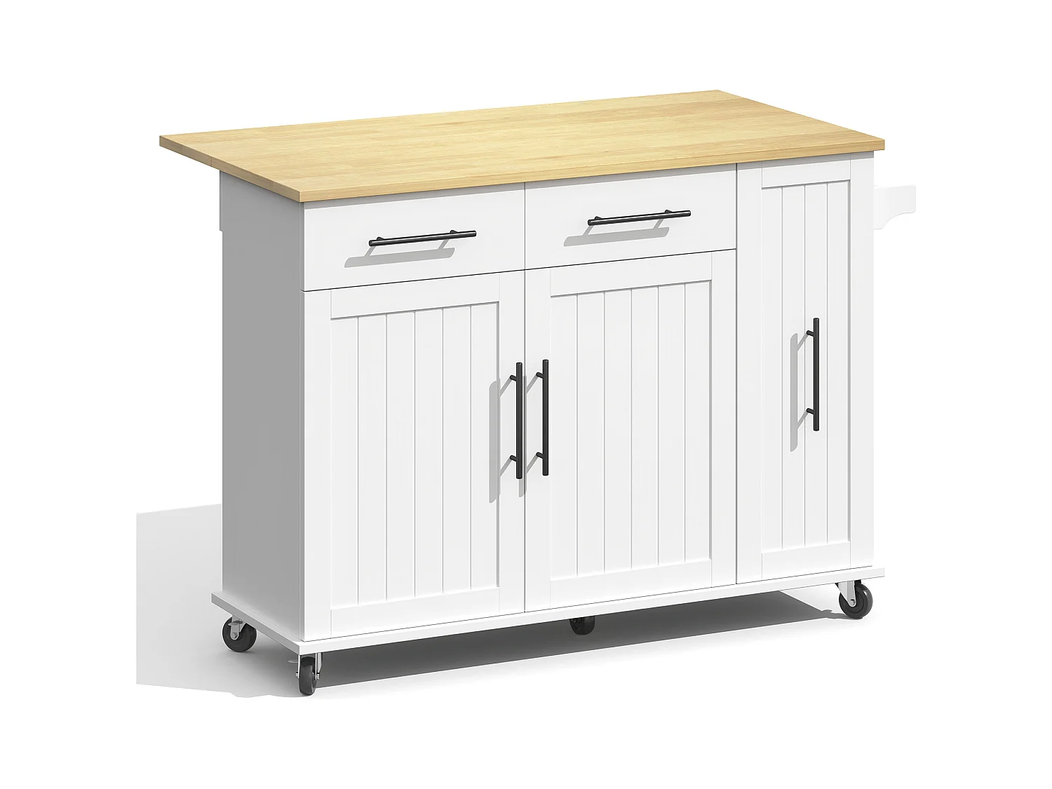 Desserte de cuisine à roulettes avec 2 tiroirs, 2 portes et étagères internes, plateau extensible en finition bois, blanc