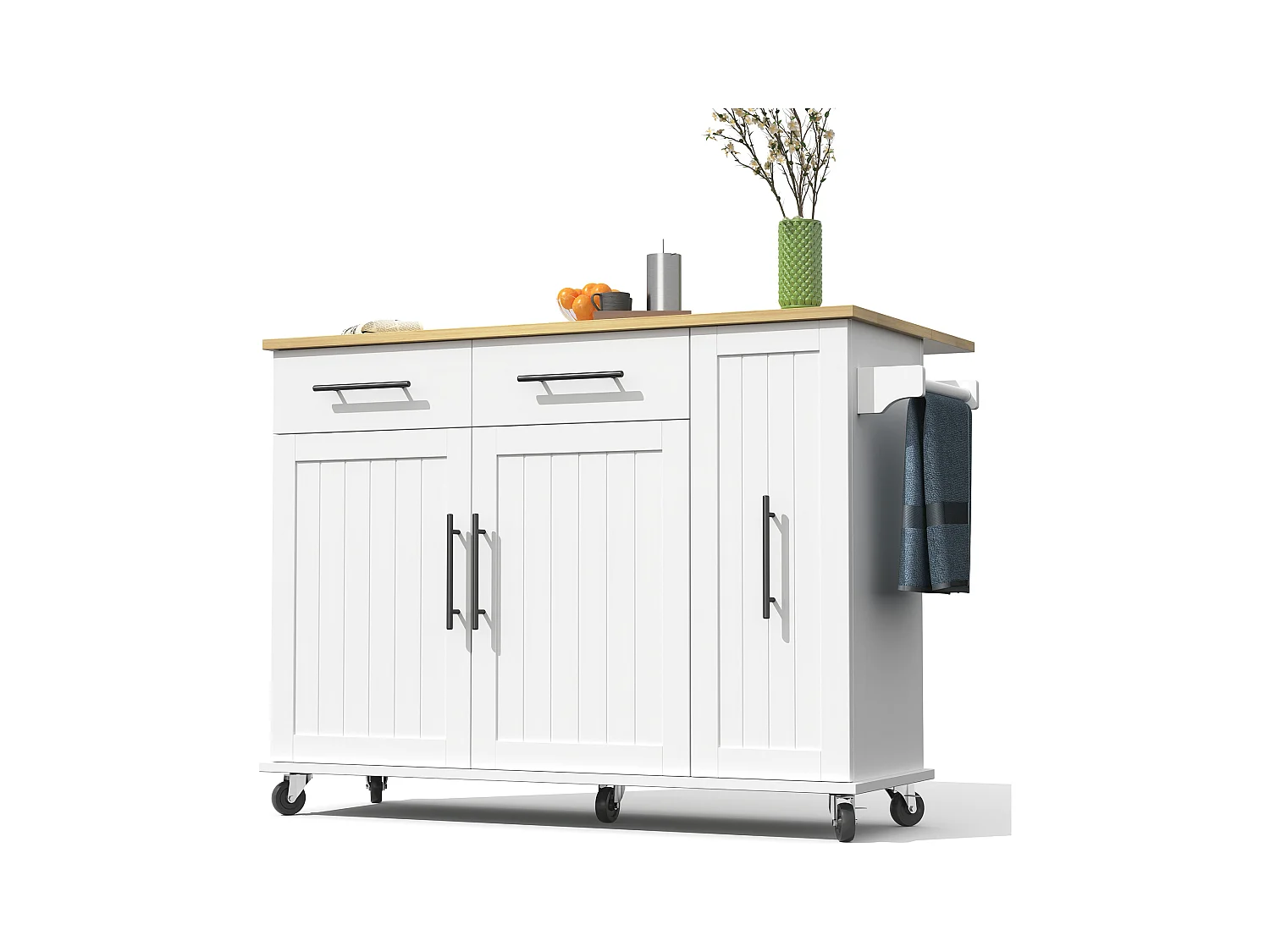 Desserte de cuisine à roulettes avec 2 tiroirs, 2 portes et étagères internes, plateau extensible en finition bois, blanc