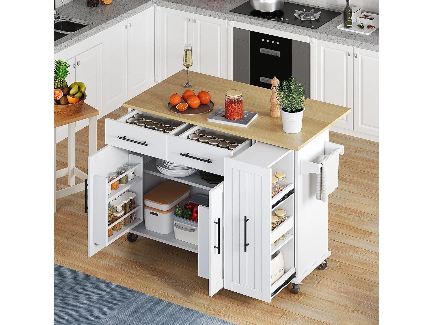 Desserte de cuisine à roulettes avec 2 tiroirs, 2 portes et étagères internes, plateau extensible en finition bois, blanc