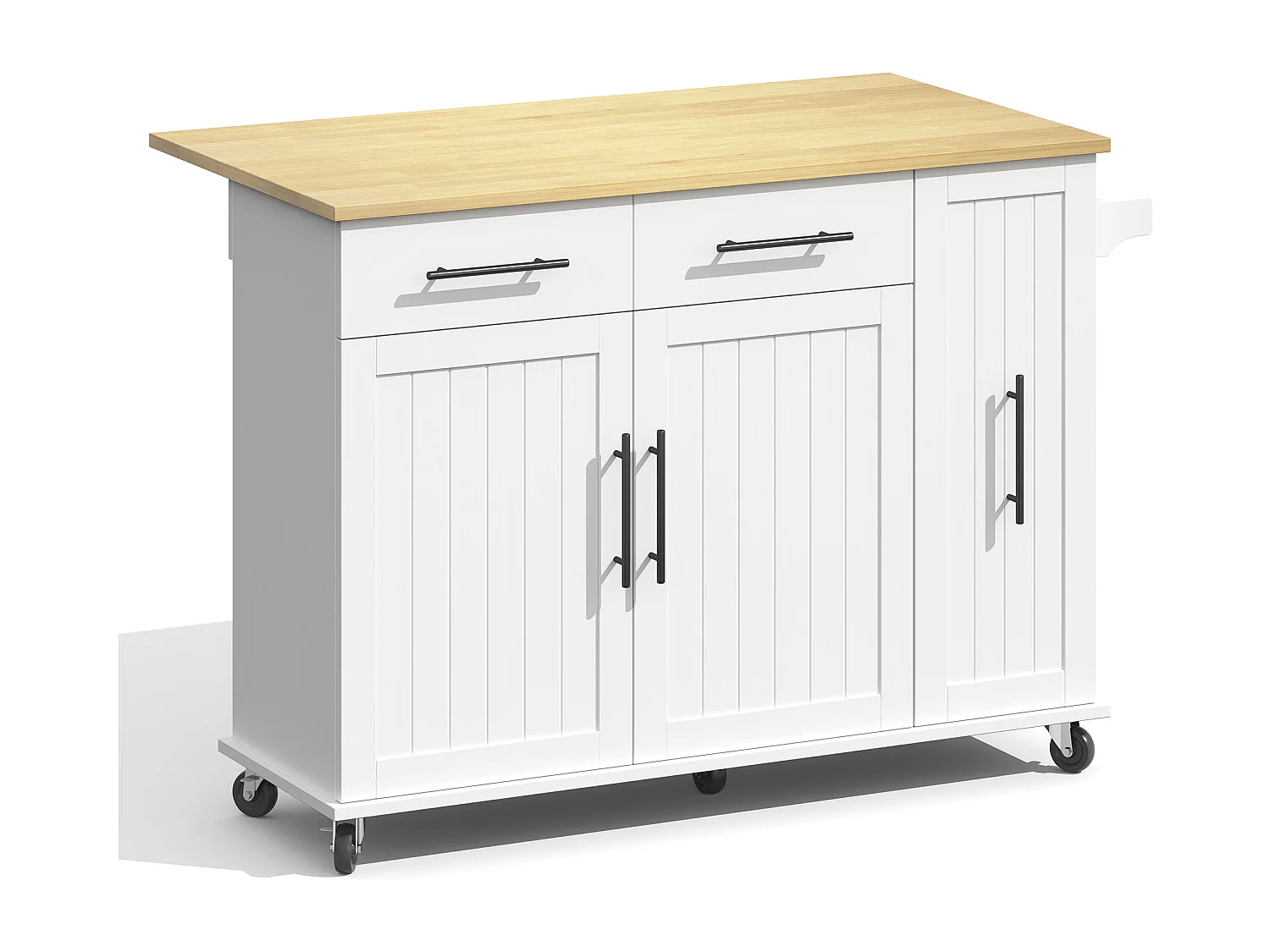 Desserte de cuisine à roulettes avec 2 tiroirs, 2 portes et étagères internes, plateau extensible en finition bois, blanc