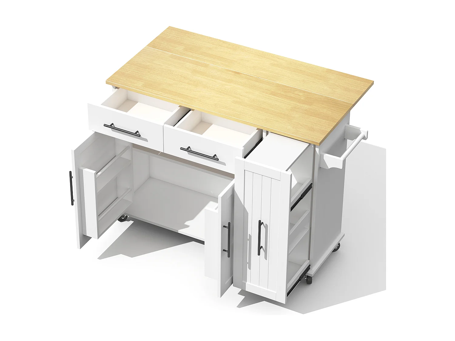 Desserte de cuisine à roulettes avec 2 tiroirs, 2 portes et étagères internes, plateau extensible en finition bois, blanc
